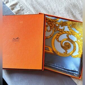 HERMES “Les Tuileries” Blue and Gold Silk Scarf